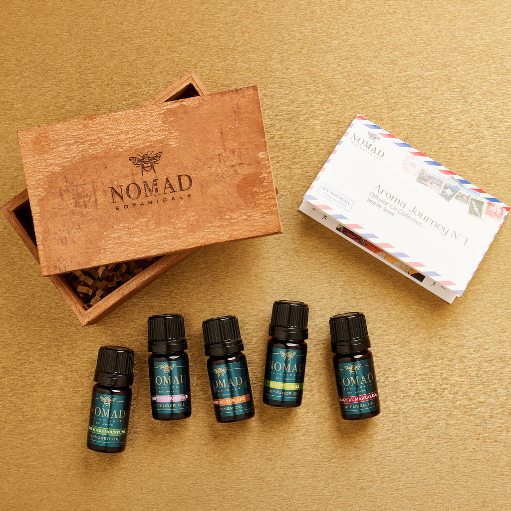 Picture of Aroma Journey 1 Collection with 5 essential oil blends in Cinnamon Box with brochure